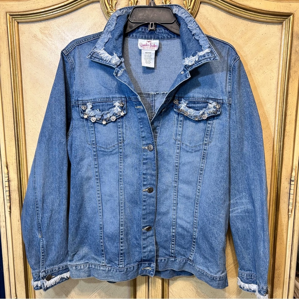 Quacker Factory Blue Denim Embellished Heart Star Charm Fringe Jacket - Picture 4 of 10